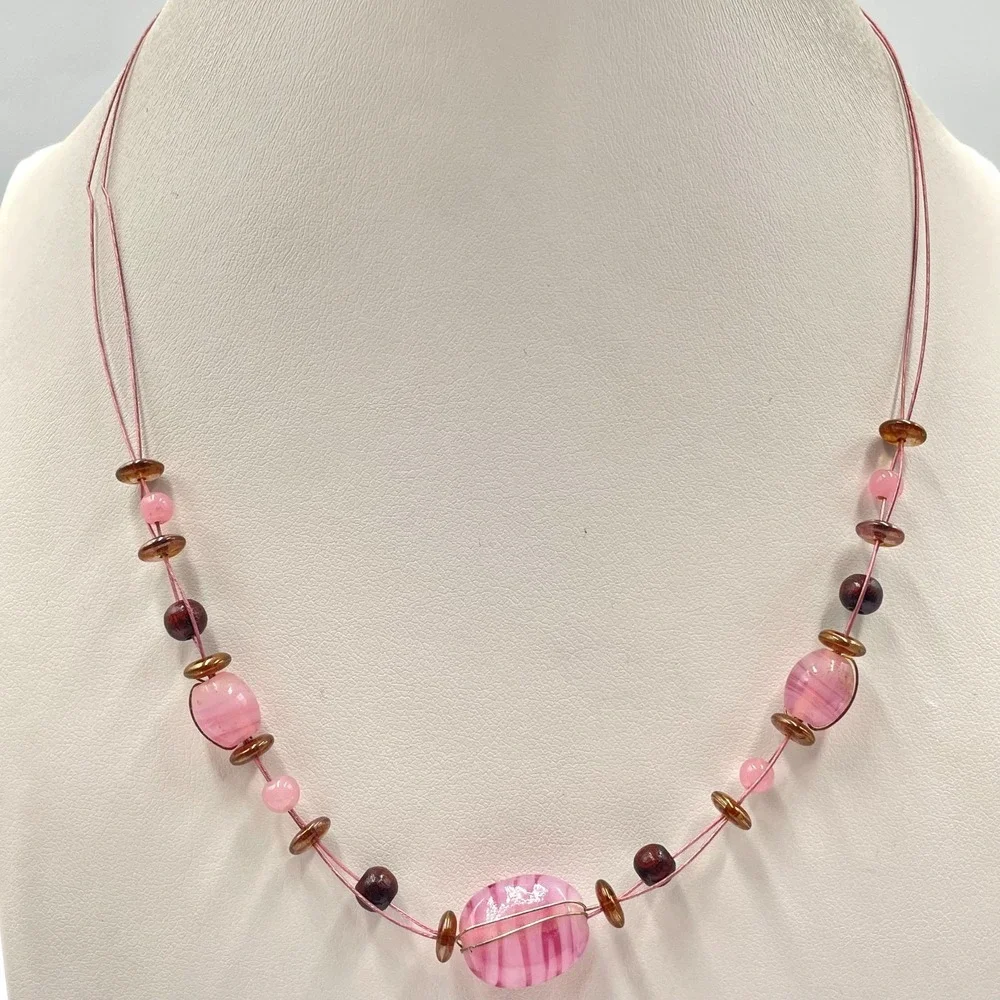 Vintage Y2K Pink Glass Illusion Necklace Floating Beaded Cord Mixed Stone Boho